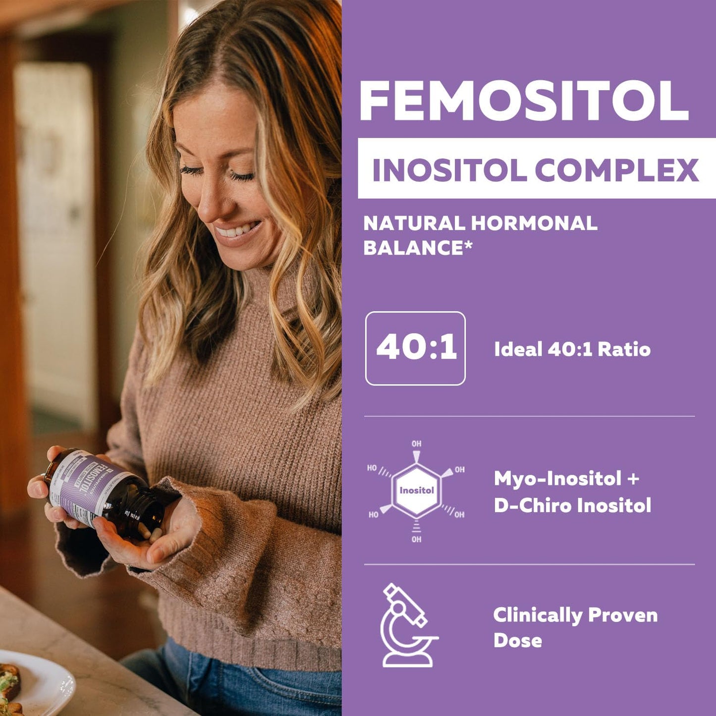 Frasco de cápsulas de inositol 40:1 para mujeres