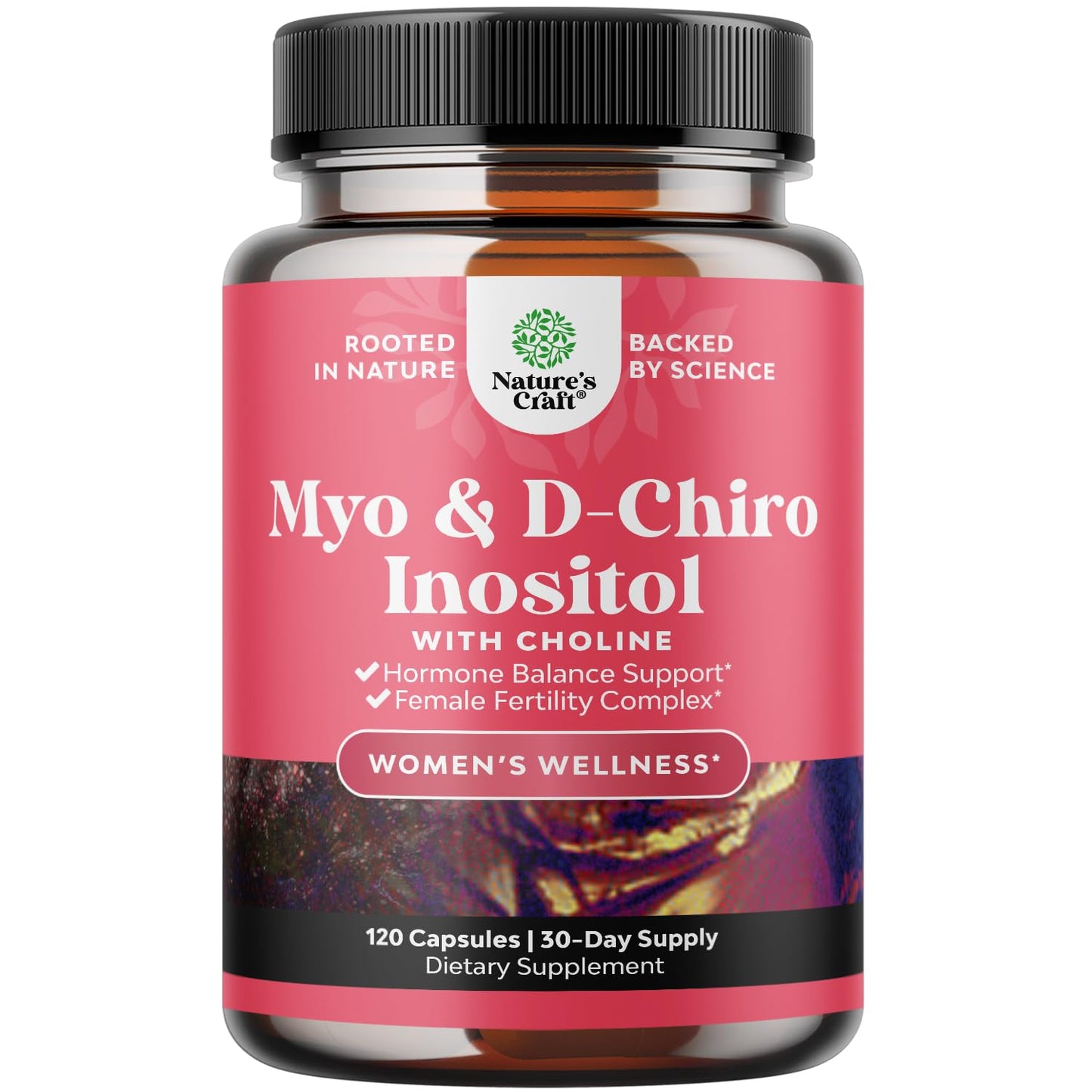 Frasco cápsulas mio-inositol D-chiro inositol colina Natures Craft