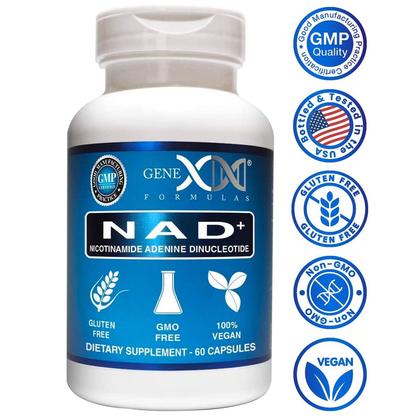 Frasco y cápsulas NAD+ 250mg suplemento de Genex Formulas