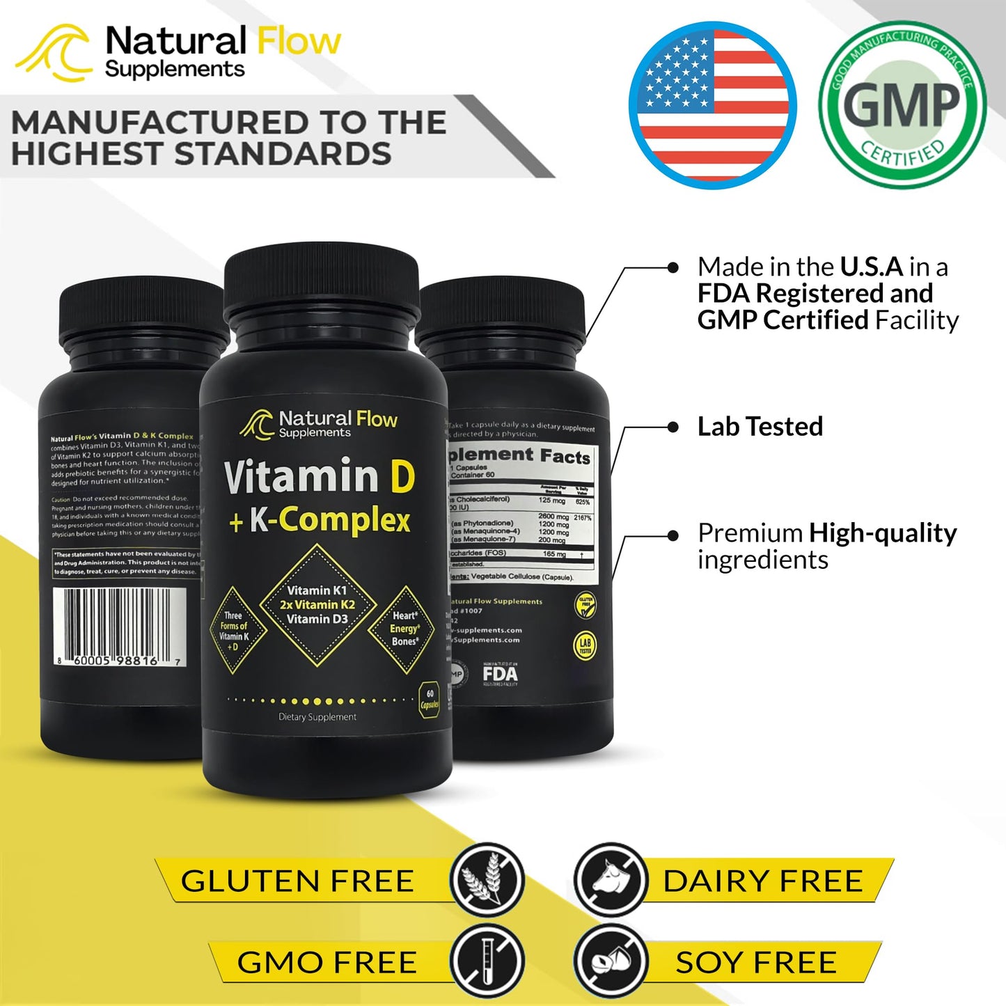 Frasco cápsulas Natural Flow vitamina D3 con K2 MK4 MK7 y K1 para huesos