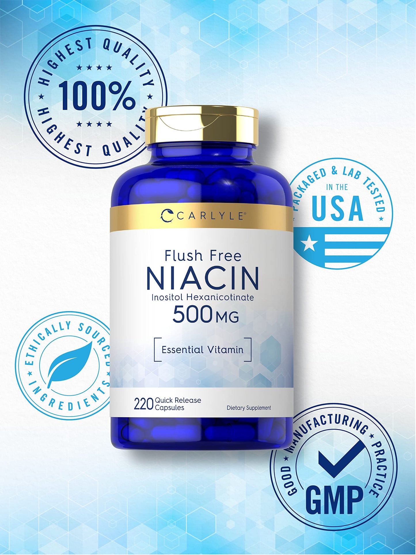 Frasco y cápsulas de niacina sin rubor Carlyle 500mg