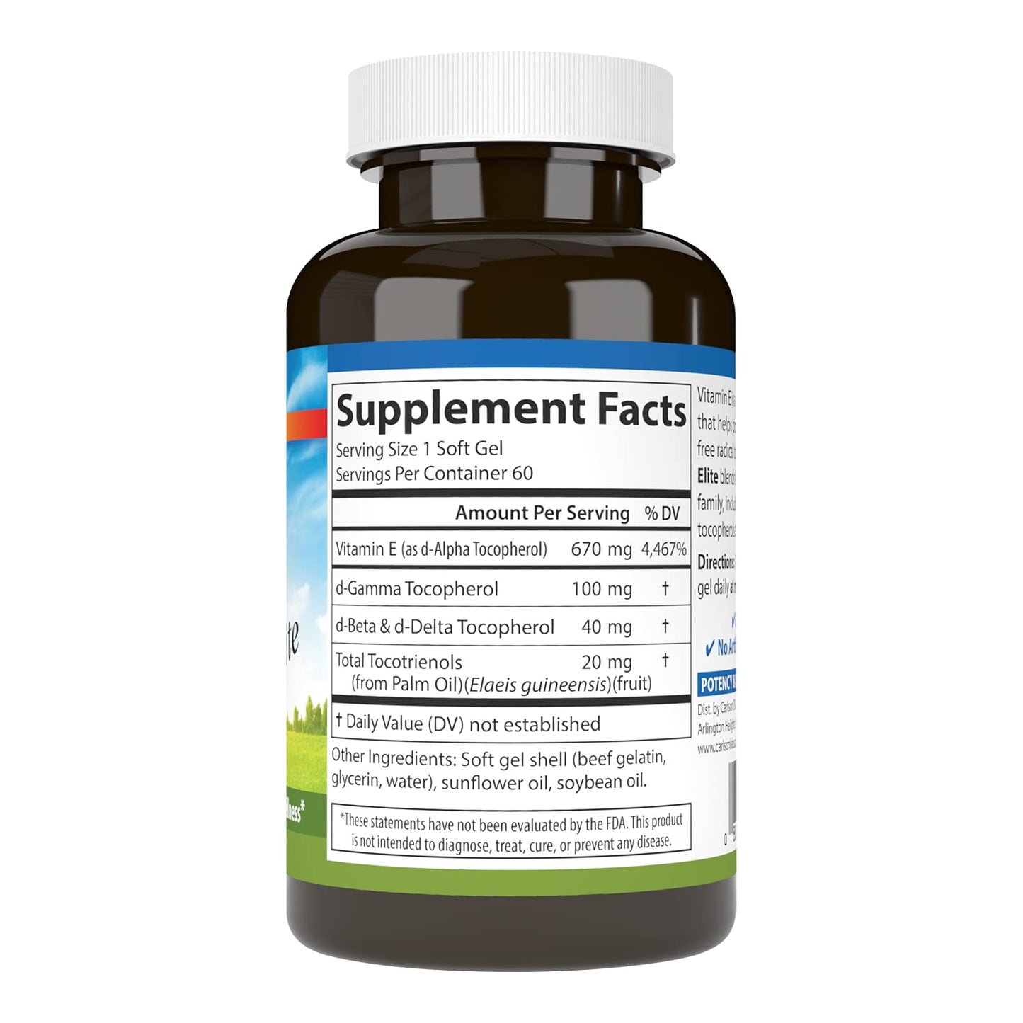 Frasco de suplemento Carlson E-Gems Elite vitamina e