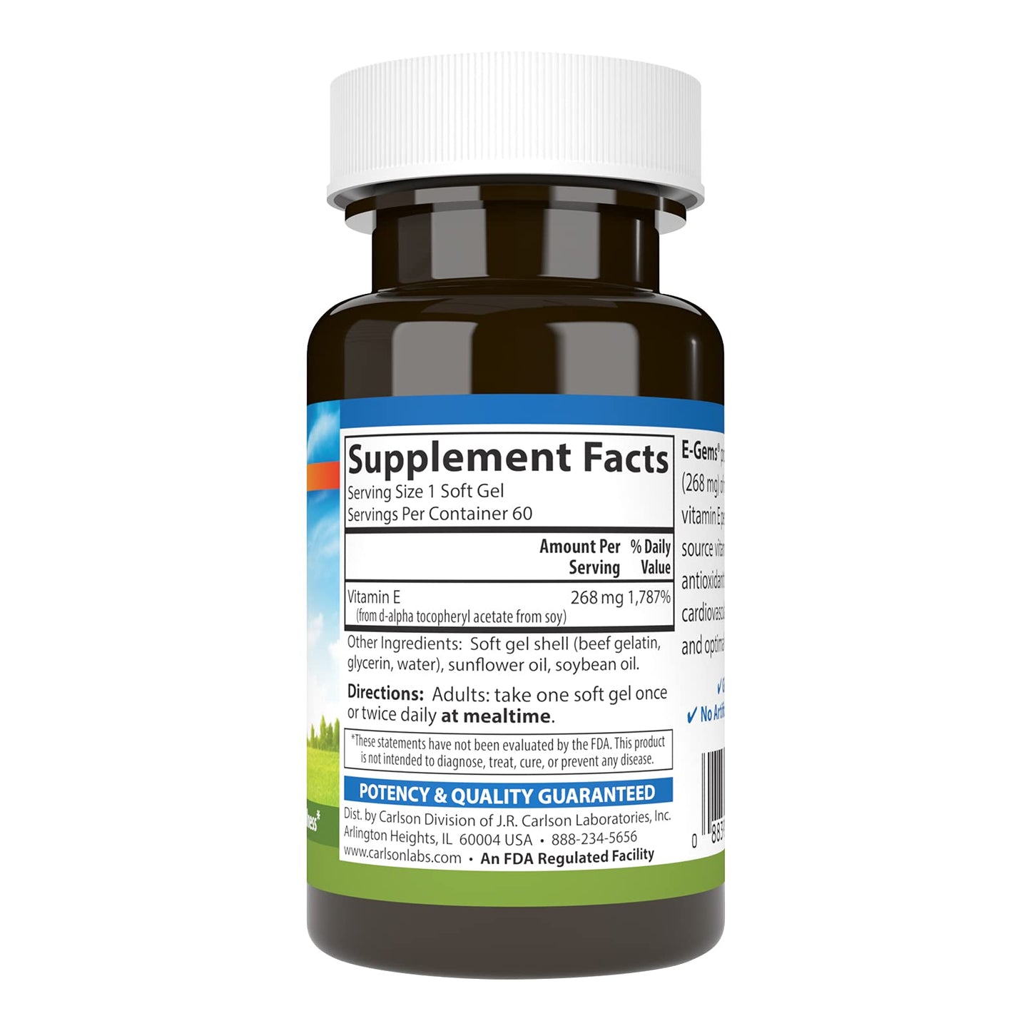 Frasco carlson labs e-gems vitamina e 400 ui 60 cápsulas