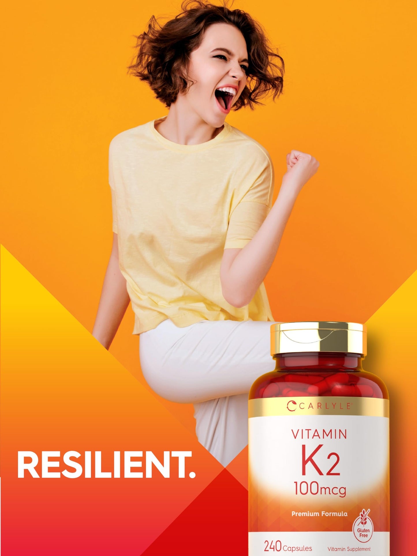 Frasco cerrado suplemento vitamina K2 Carlyle 240 cápsulas