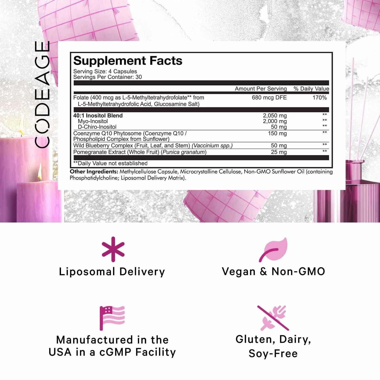 Frasco Codeage Ovarian Inositol+ con fórmula liposomal y extractos botánicos