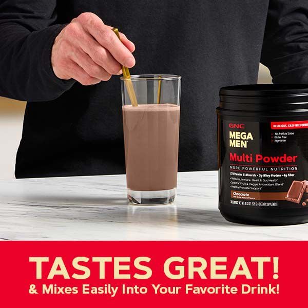 Frasco y cuchara GNC Mega Men multi polvo chocolate