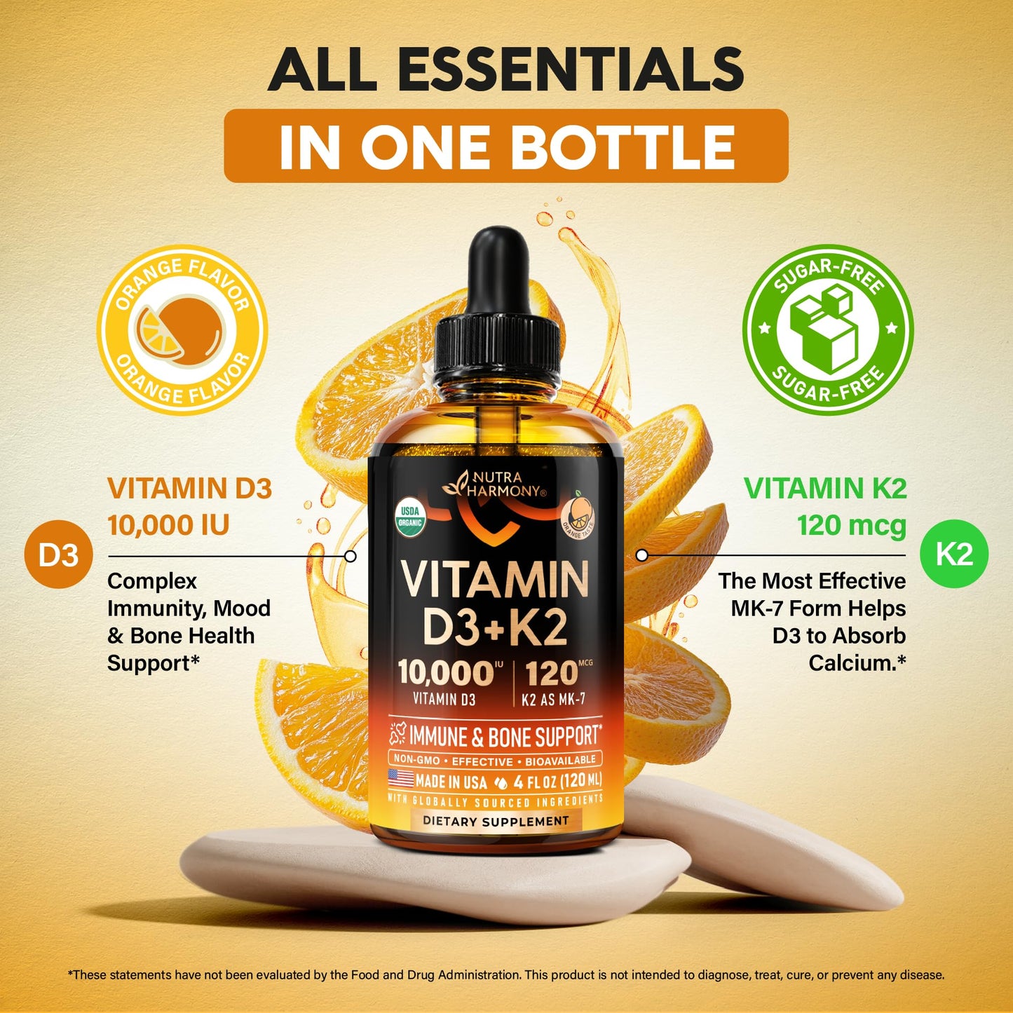 Detalle del frasco de gotas orgánicas Vitamina D3 K2 sabor naranja