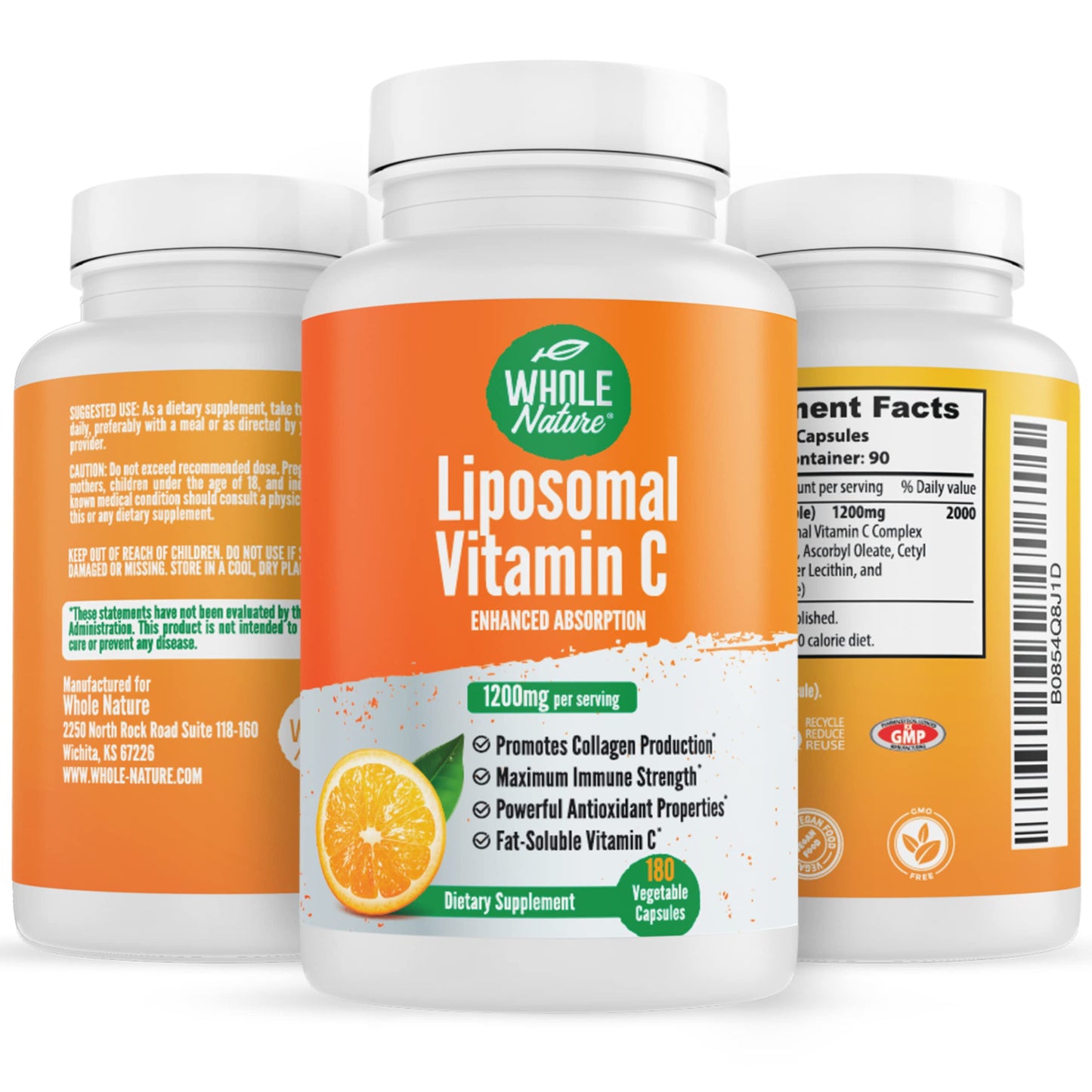 Frasco entero y cápsulas Whole Nature vitamina c liposomal