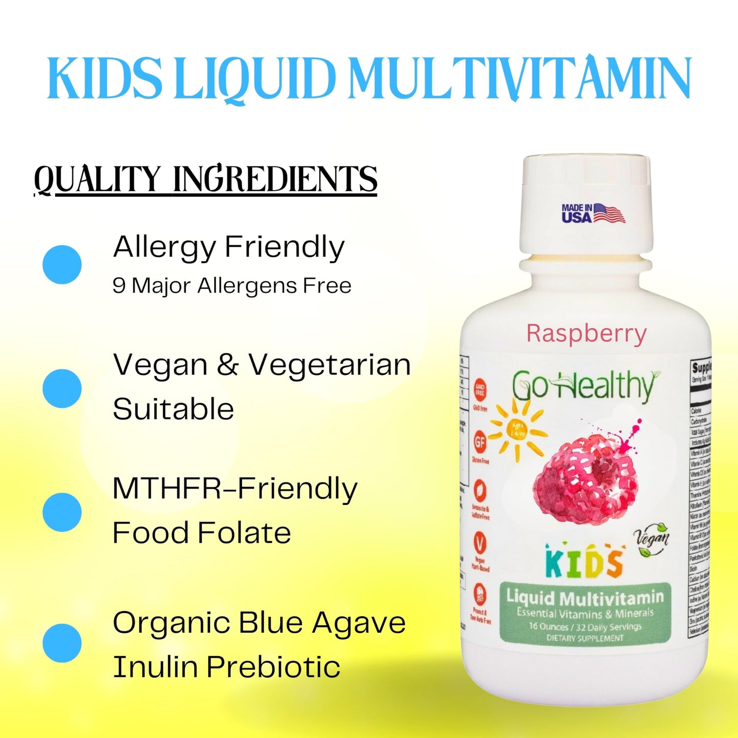 Frasco y etiqueta multivitamínico líquido Go Healthy Kids