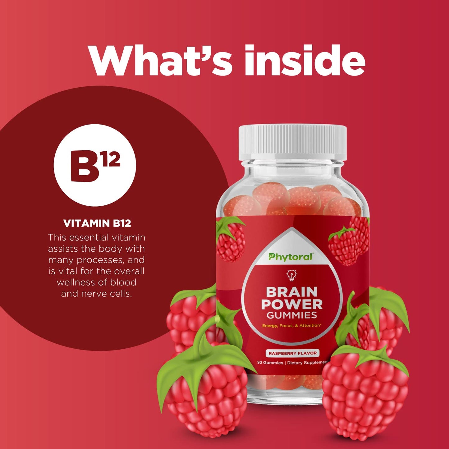Frasco y etiquetas Phytoral gomitas vitamina B12 1000 mcg