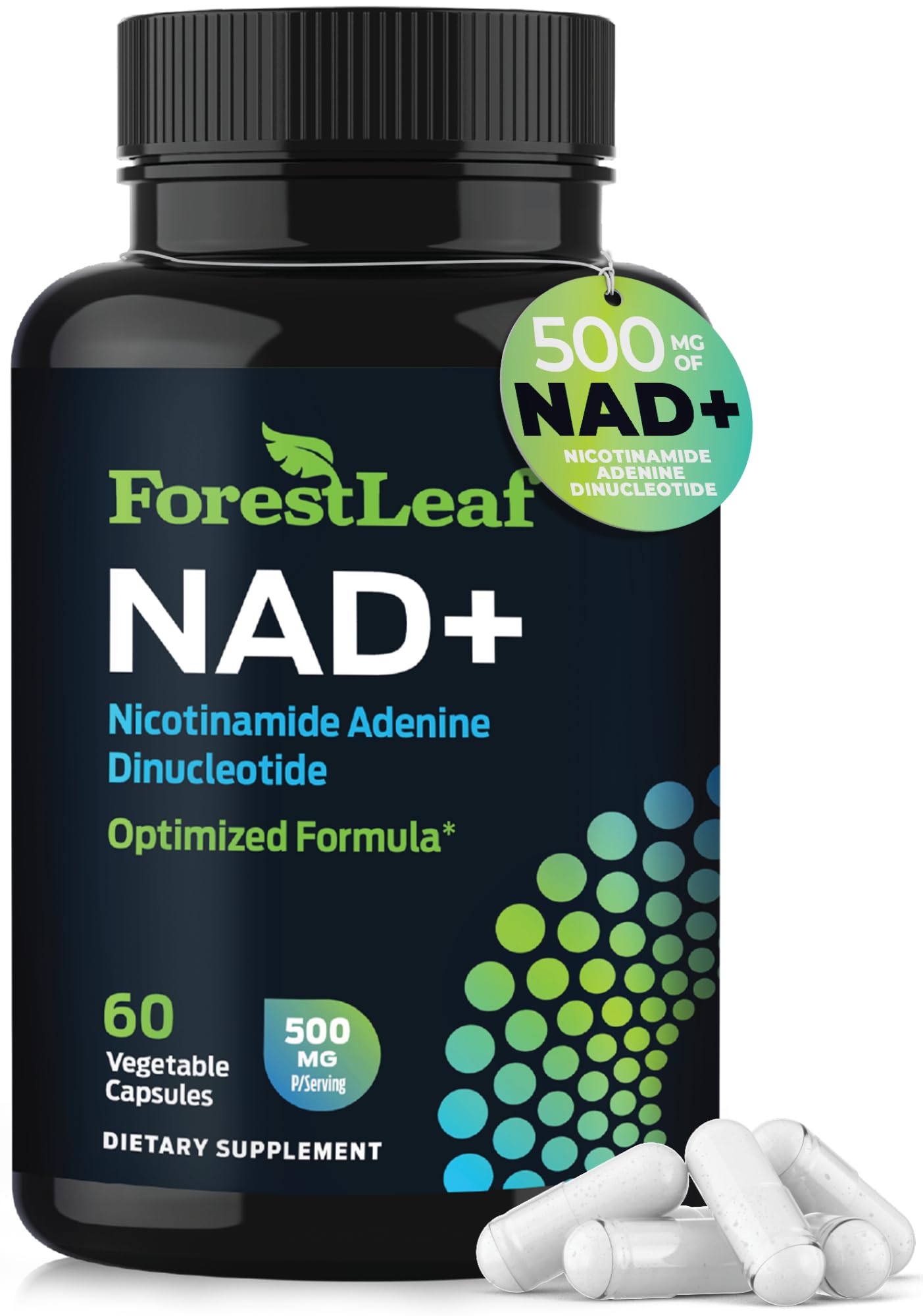 Frasco ForestLeaf suplemento NAD+ puro 500 mg 60 unidades