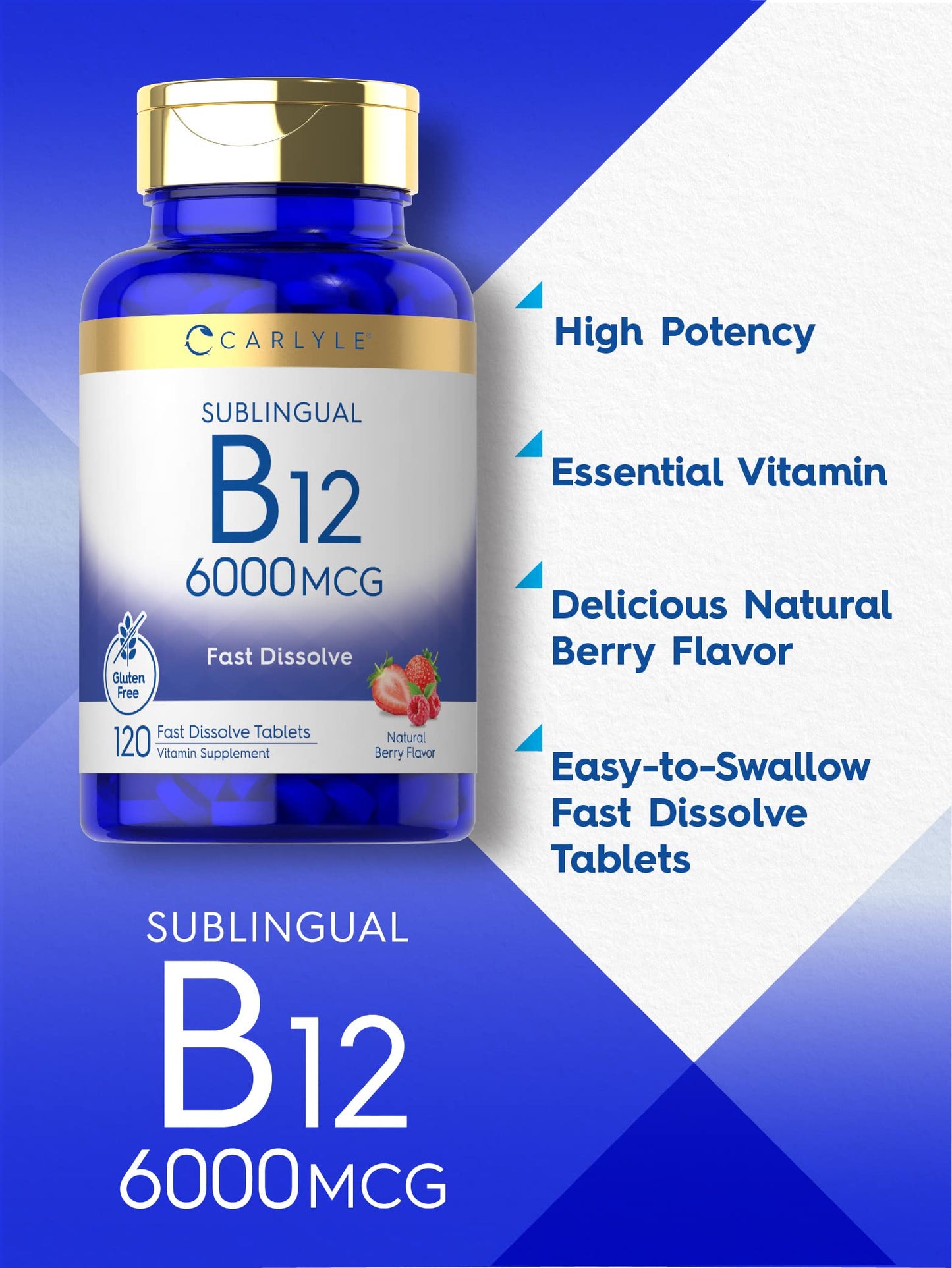 Frasco frente Carlyle vitamina b12 6000 mcg 120 tabletas