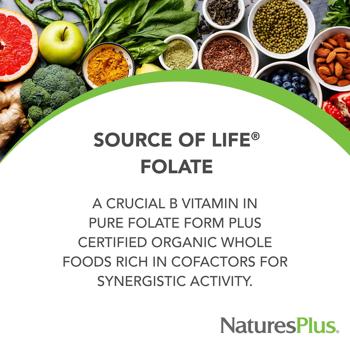 Frasco frontal suplementación folato orgánico vegano NaturesPlus