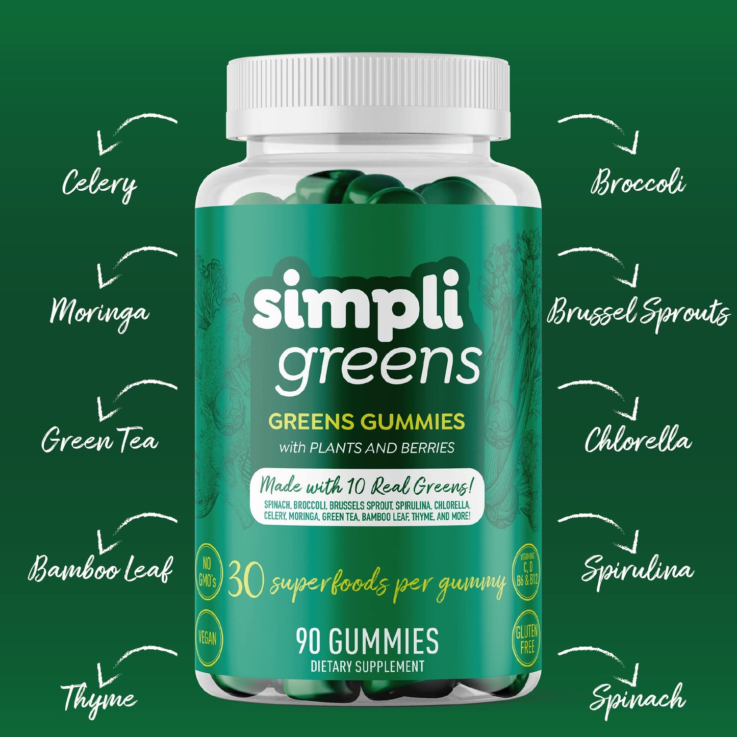 Frasco de gomas SimpliGreens con ingredientes naturales