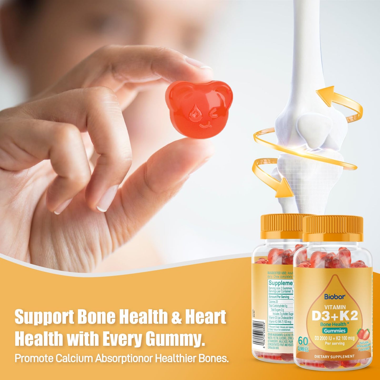 Frasco de gomitas Biobor Vitamina D3 K2 sobre fondo blanco