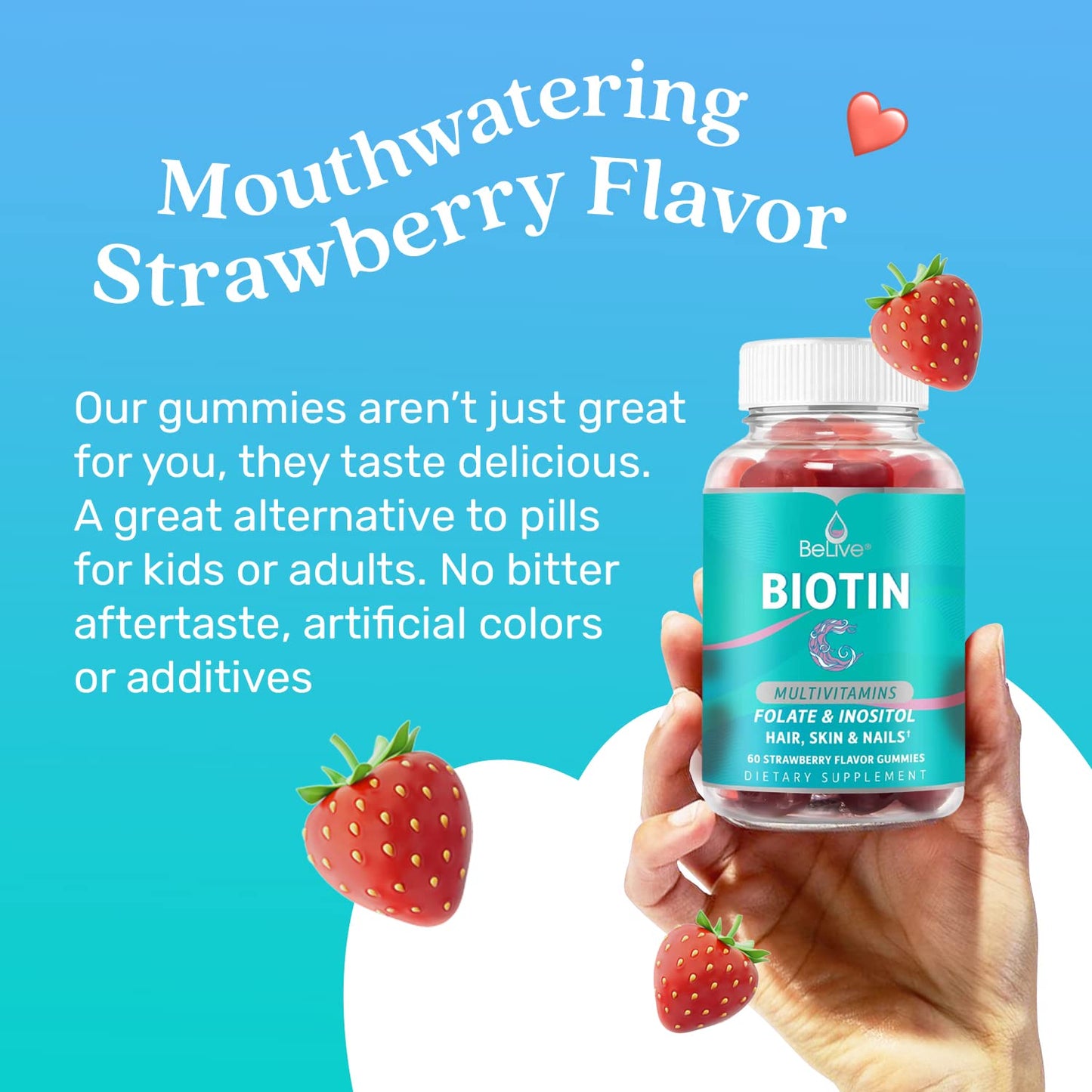Frasco con gomitas biotina y multivitaminas BeLive