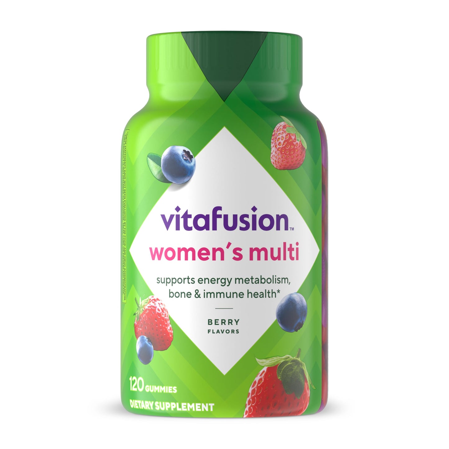 Frasco de gomitas multivitamínicas Vitafusion para mujeres sabor bayas.