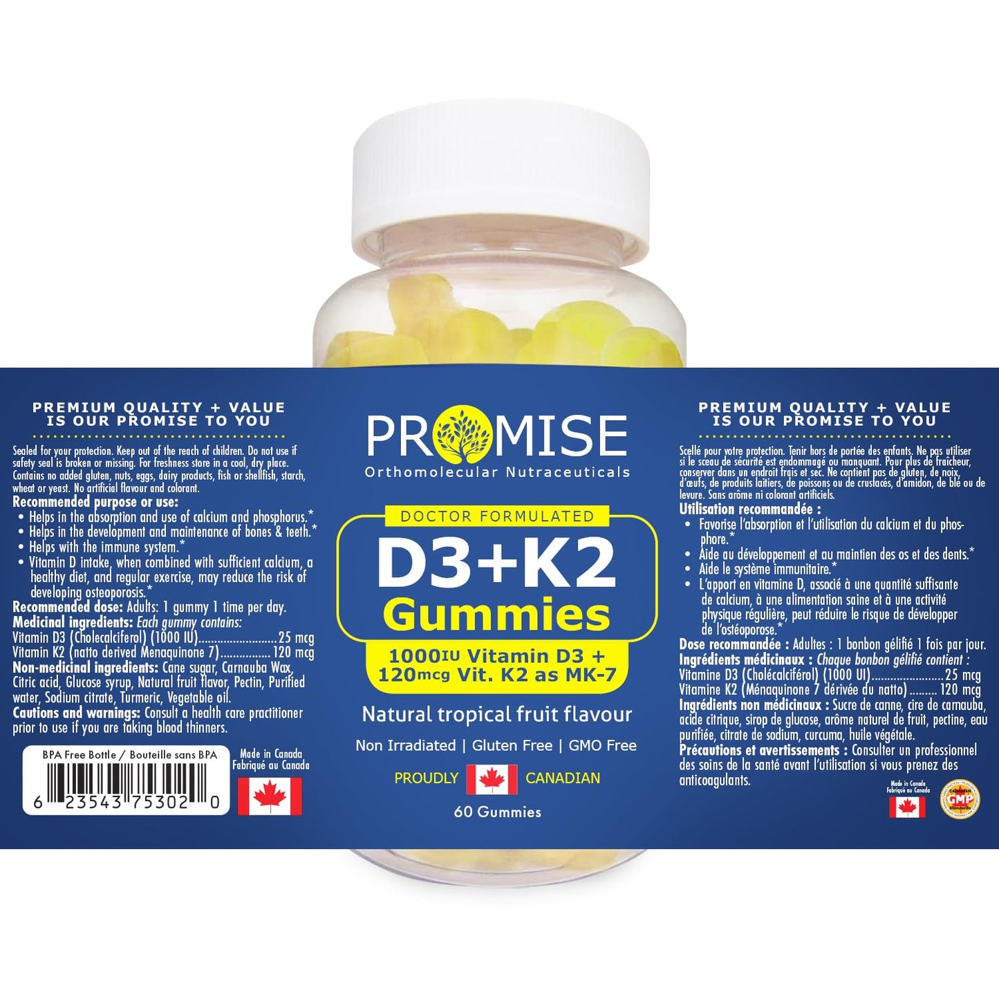 Frasco y gomitas Promise D3 K2 sabor tropical natural