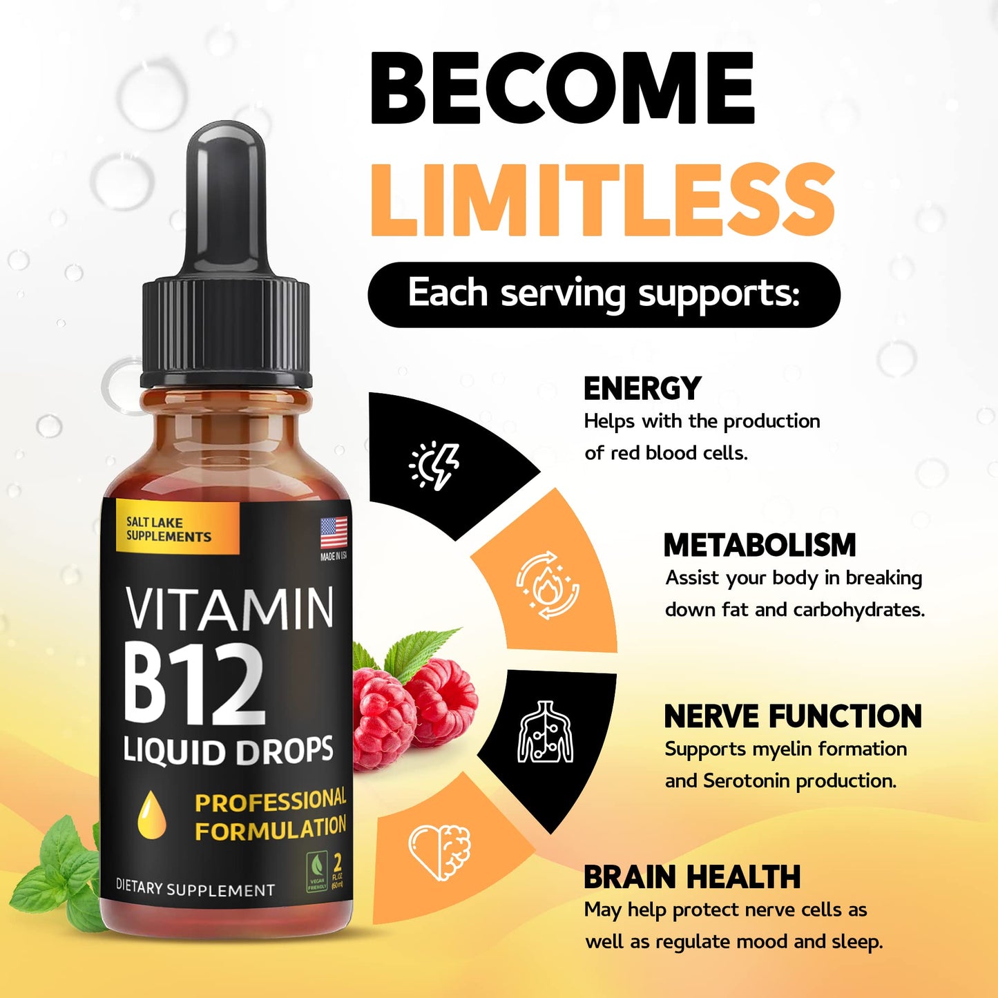 Frasco gotas líquidas vitamina B12 5000 mcg sublingual sabor frambuesa