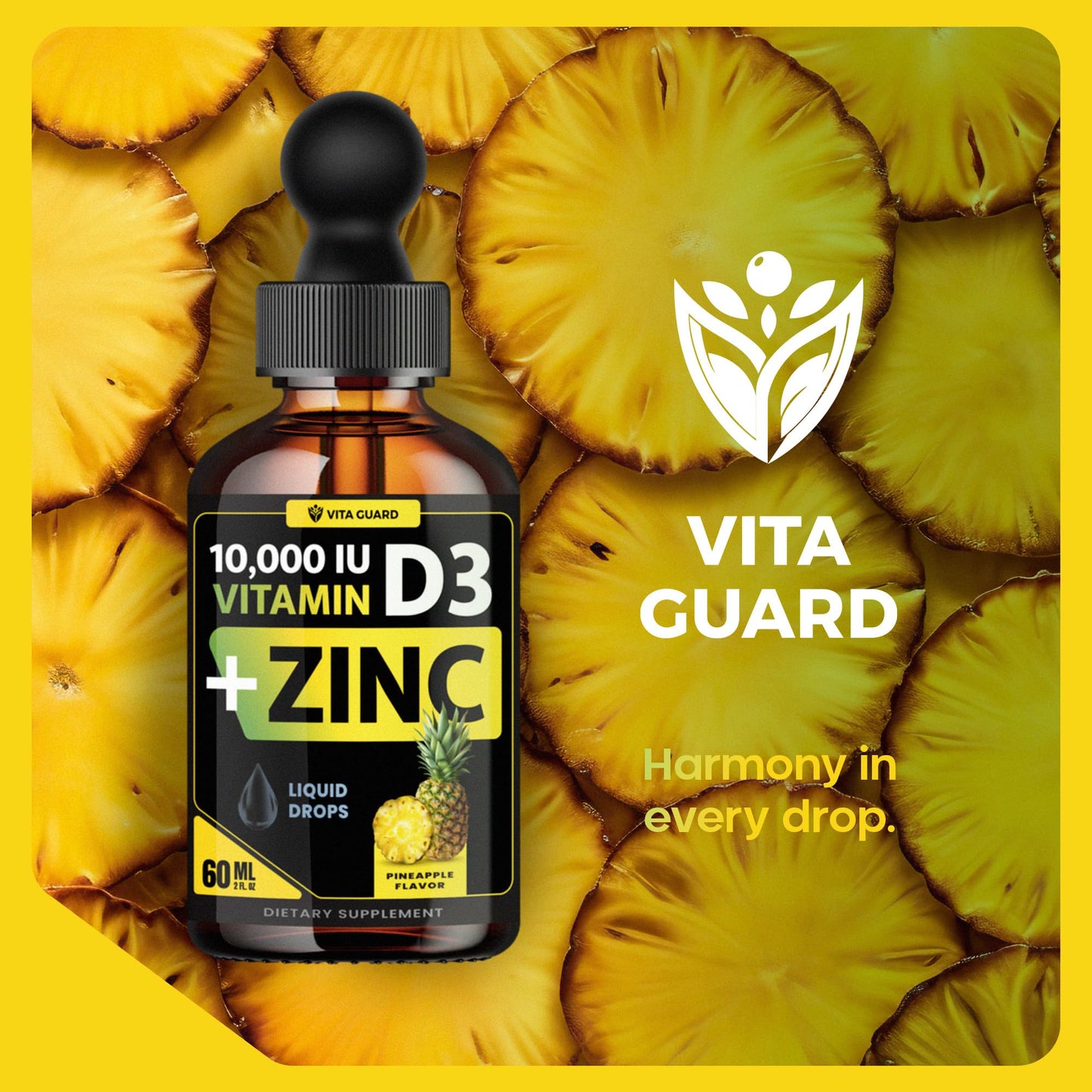 Frasco y gotas de suplementos Vita Guard D3 y zinc sabor piña
