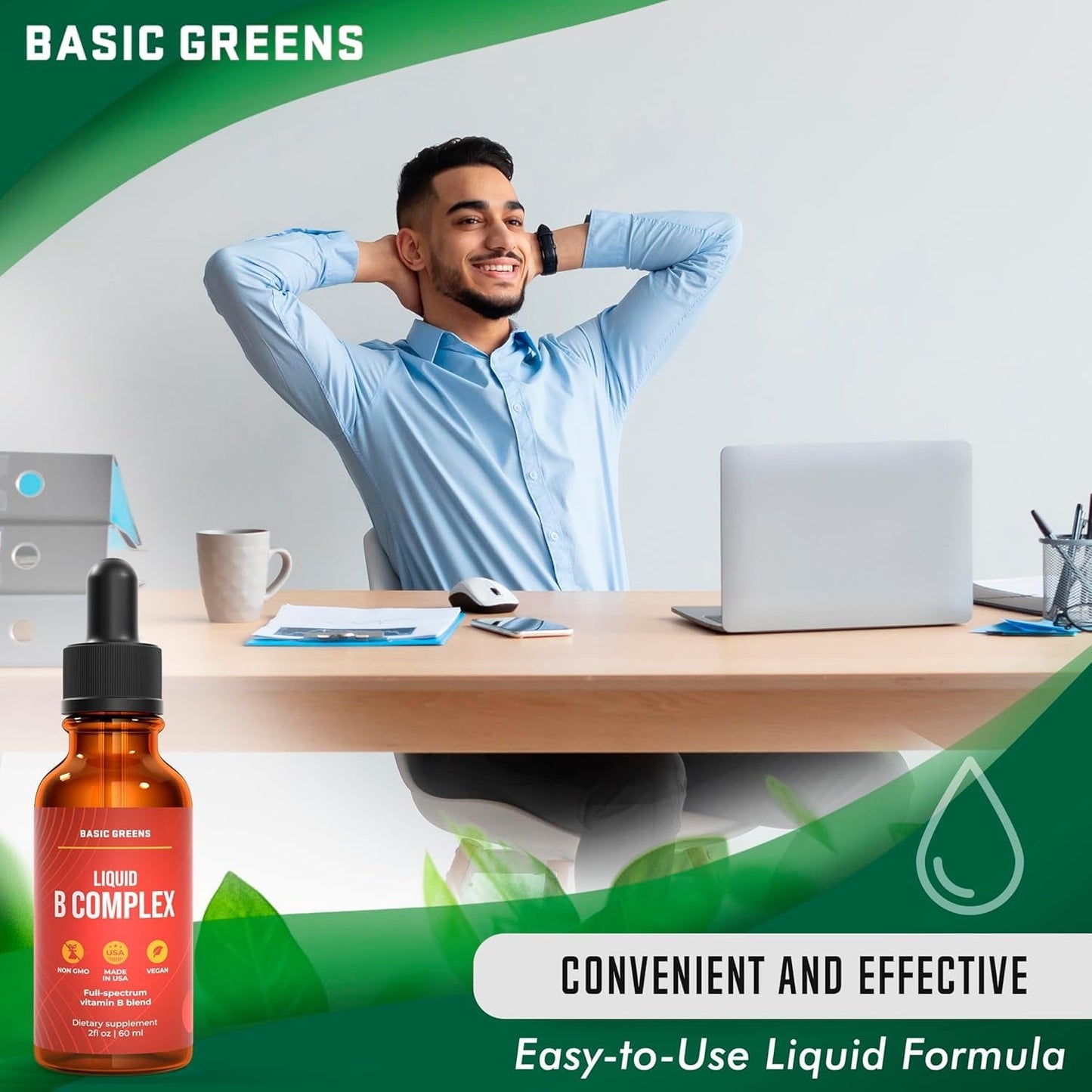 Frasco y gotas vitamina B líquido para absorción rápida BASIC GREENS