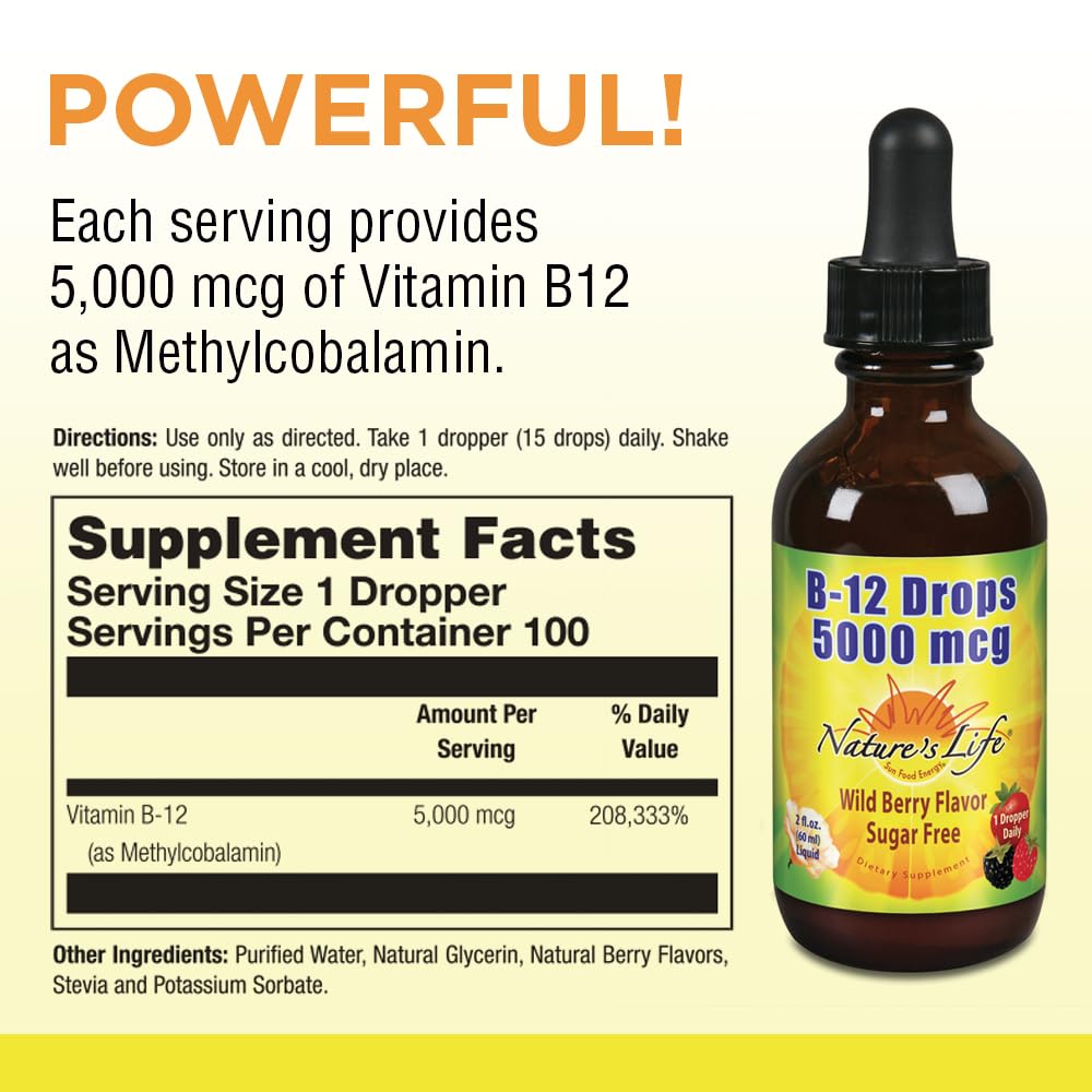 Frasco gotas vitamina B12 metilcobalamina Nature's Life 2 fl oz