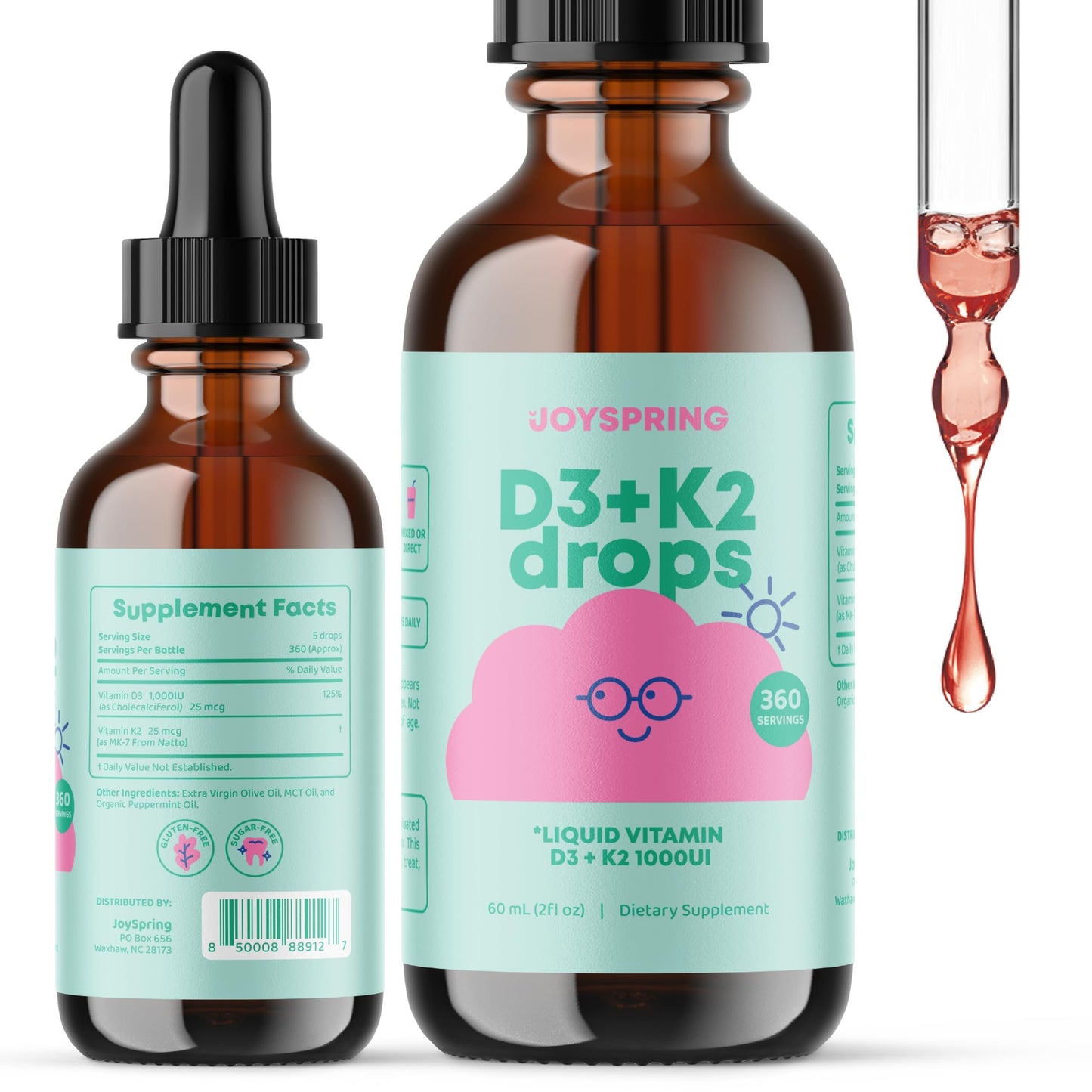 Frasco gotas vitamina D3 K2 JoySpring para niños 2 fl oz