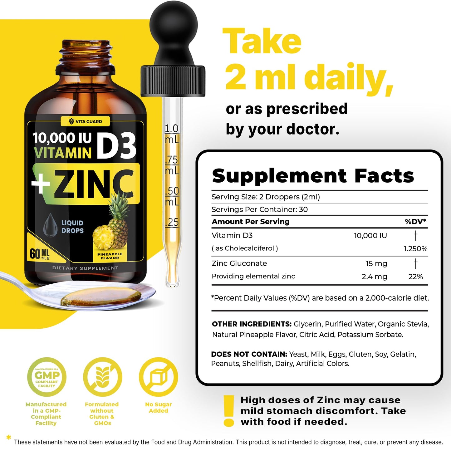 Frasco con gotas vitamina D3 y zinc Vita Guard para apoyo inmunológico