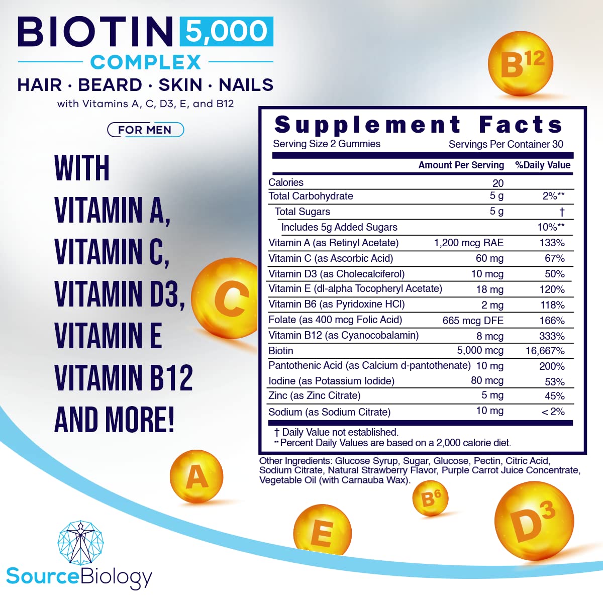 Frasco de gummies de biotina Source Biology con vitaminas A, C, D3 y B12