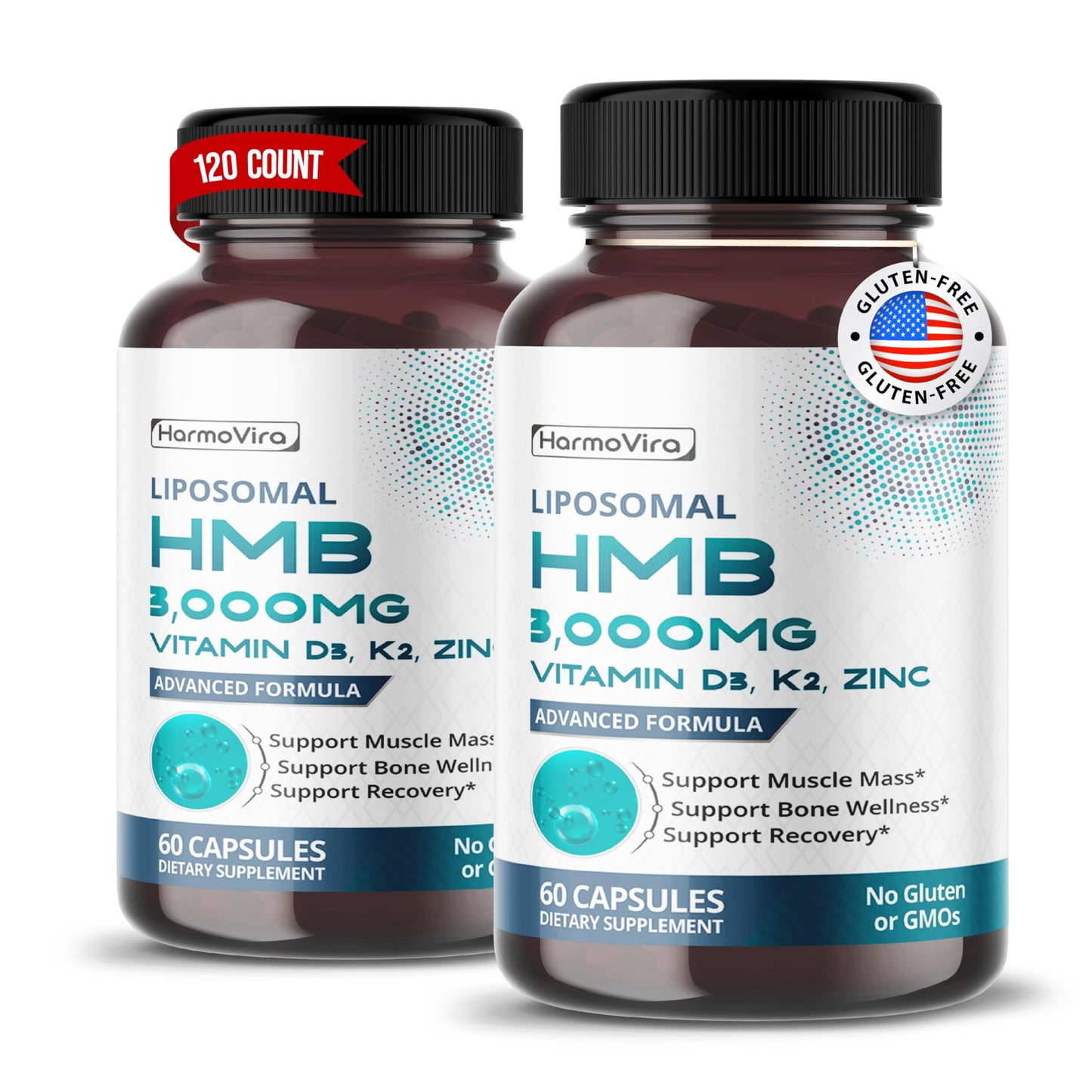Frasco HarmoVira HMB Liposomal con vitamina D3 K2 y zinc 60 cápsulas