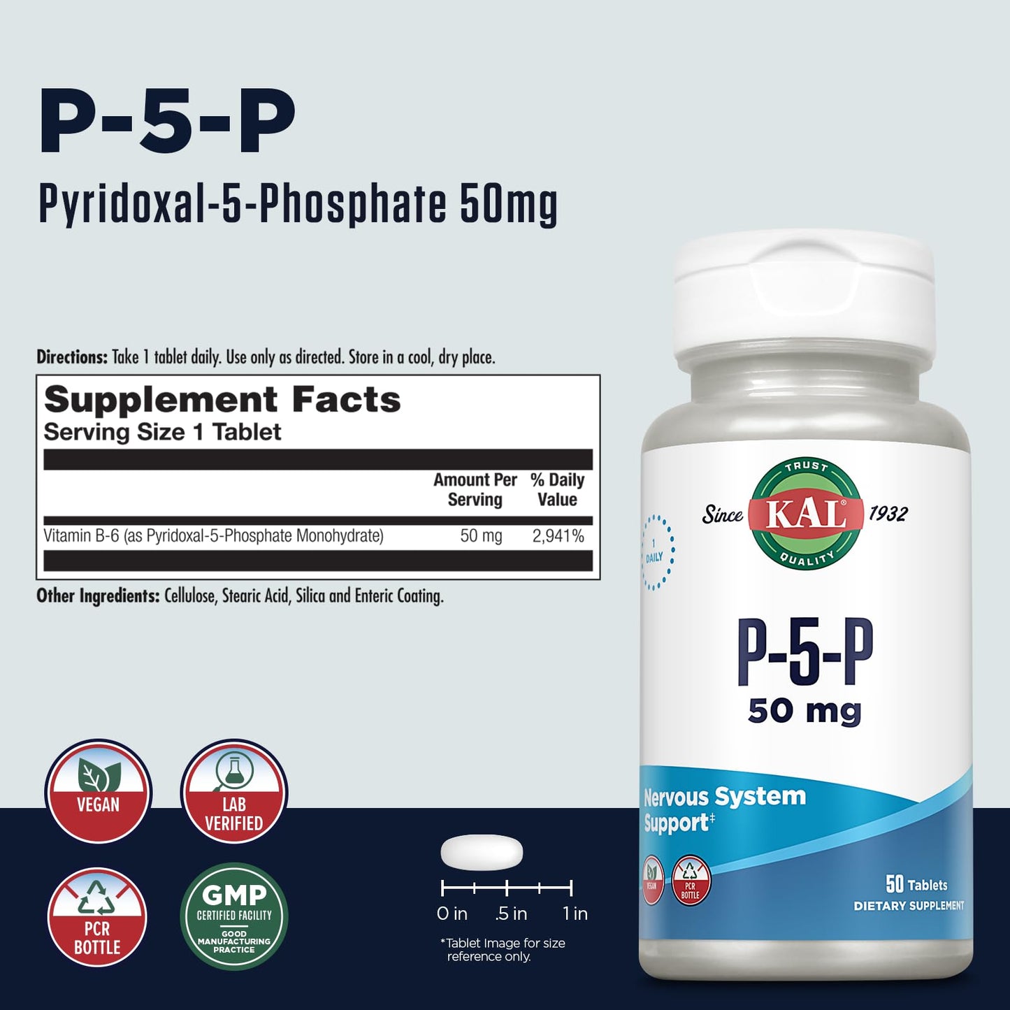 Frasco KAL tabletas vitamina B-6 piridoxal 50 unidades