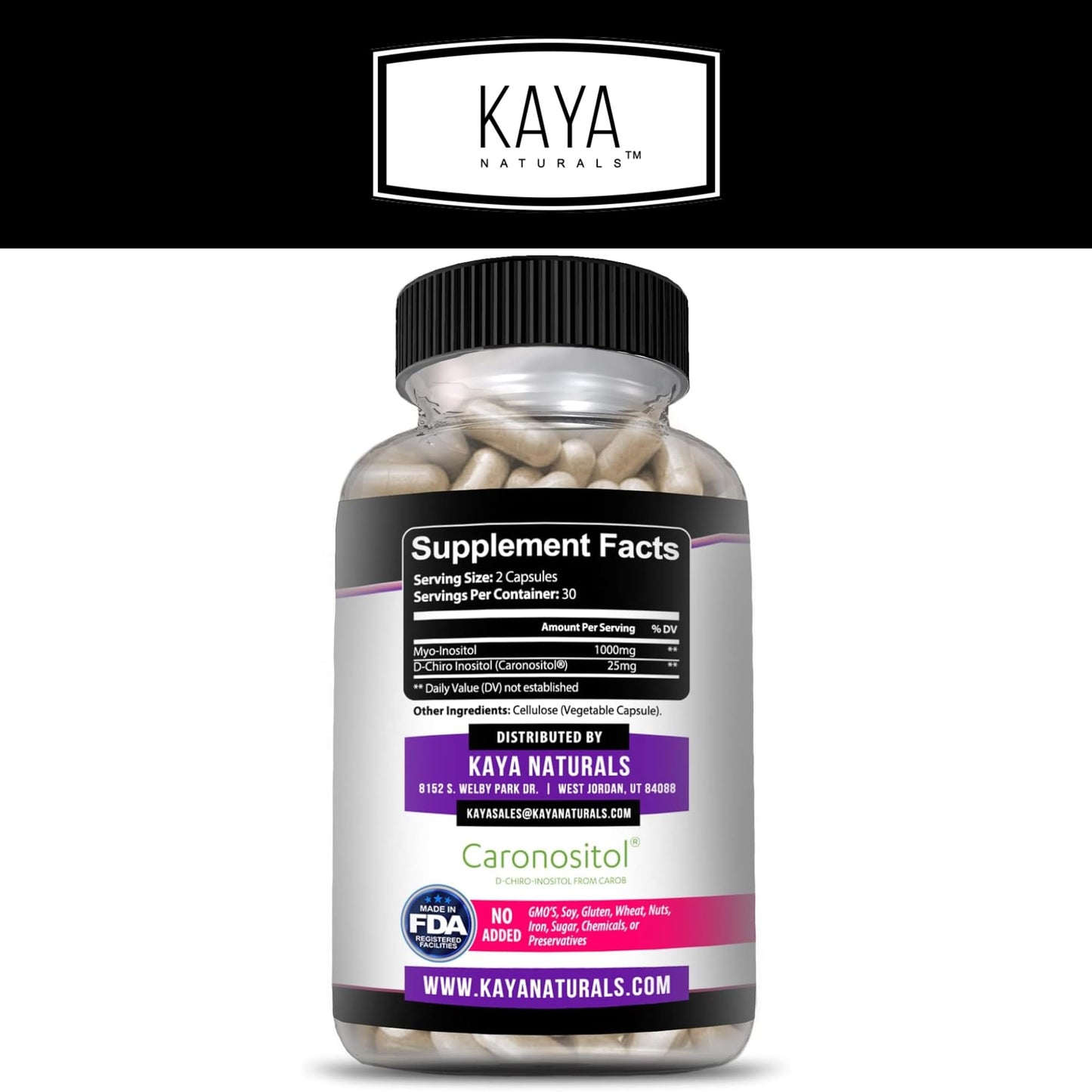 Frasco Kaya Naturals suplemento inositol y vitamina B8 60 unidades