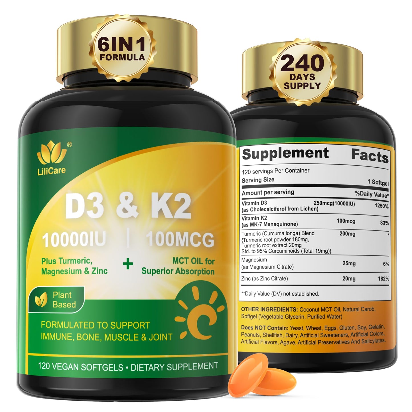 Frasco Liposomal Vitamina D3 K2 con cúrcuma y zinc 240 cápsulas veganas