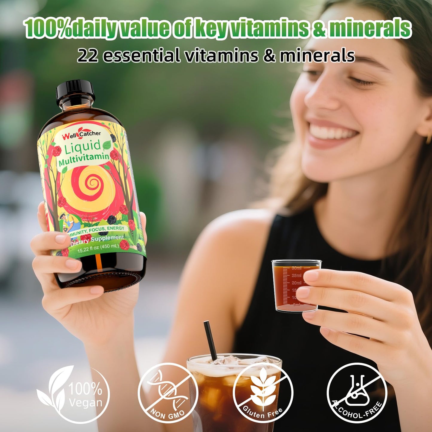 Frasco multivitaminas líquidas para toda la familia Wellcatcher