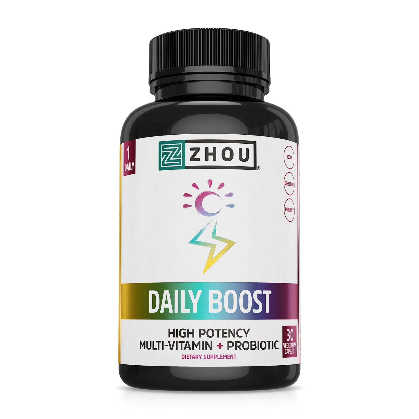 Frasco de multivitaminas Zhou Daily Boost vegano con probiótico