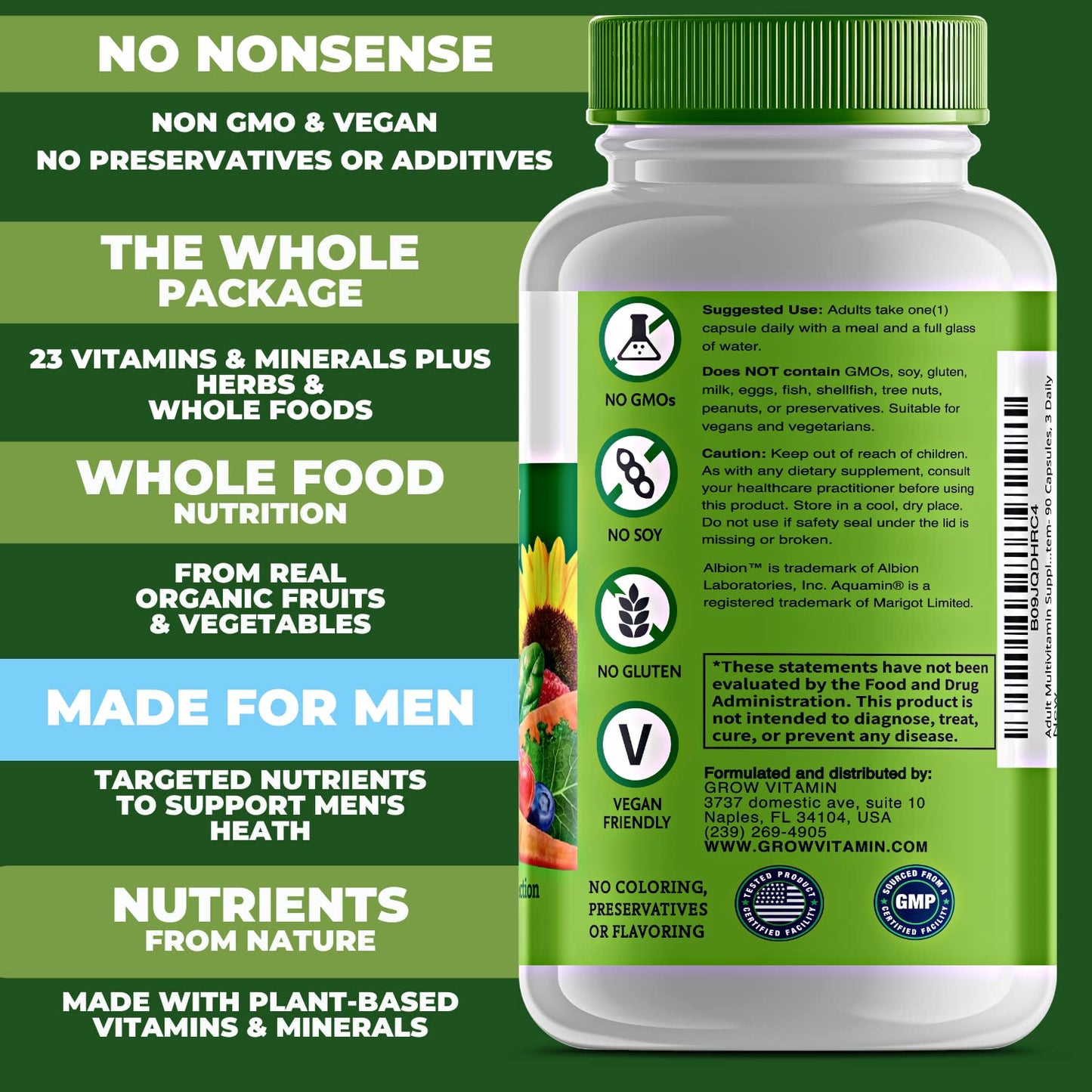Frasco de multivitamínico Grow de 90 cápsulas para hombres.