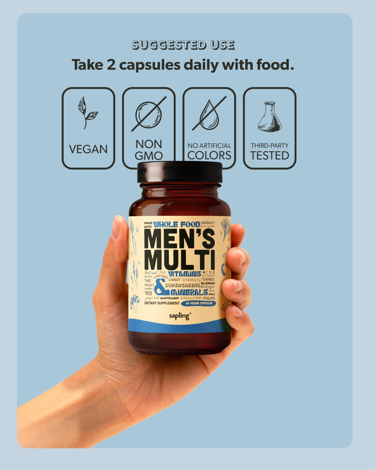 Frasco de multivitamínico, mano sosteniendo multivitamínico sapling.