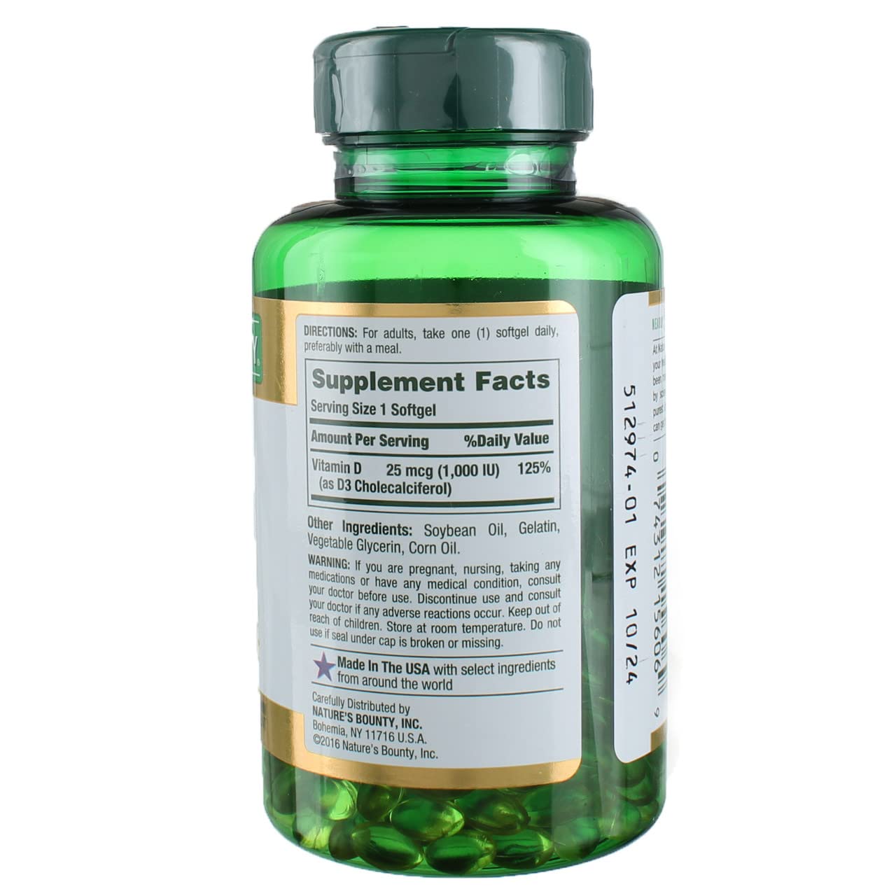 Frasco Nature's Bounty cápsulas vitamina d3 apoyo inmunológico