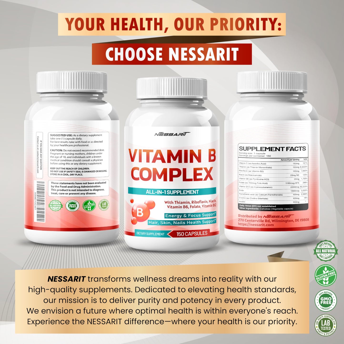 Frasco Nessarit Vitamin B Complex suplemento no GMO sin gluten