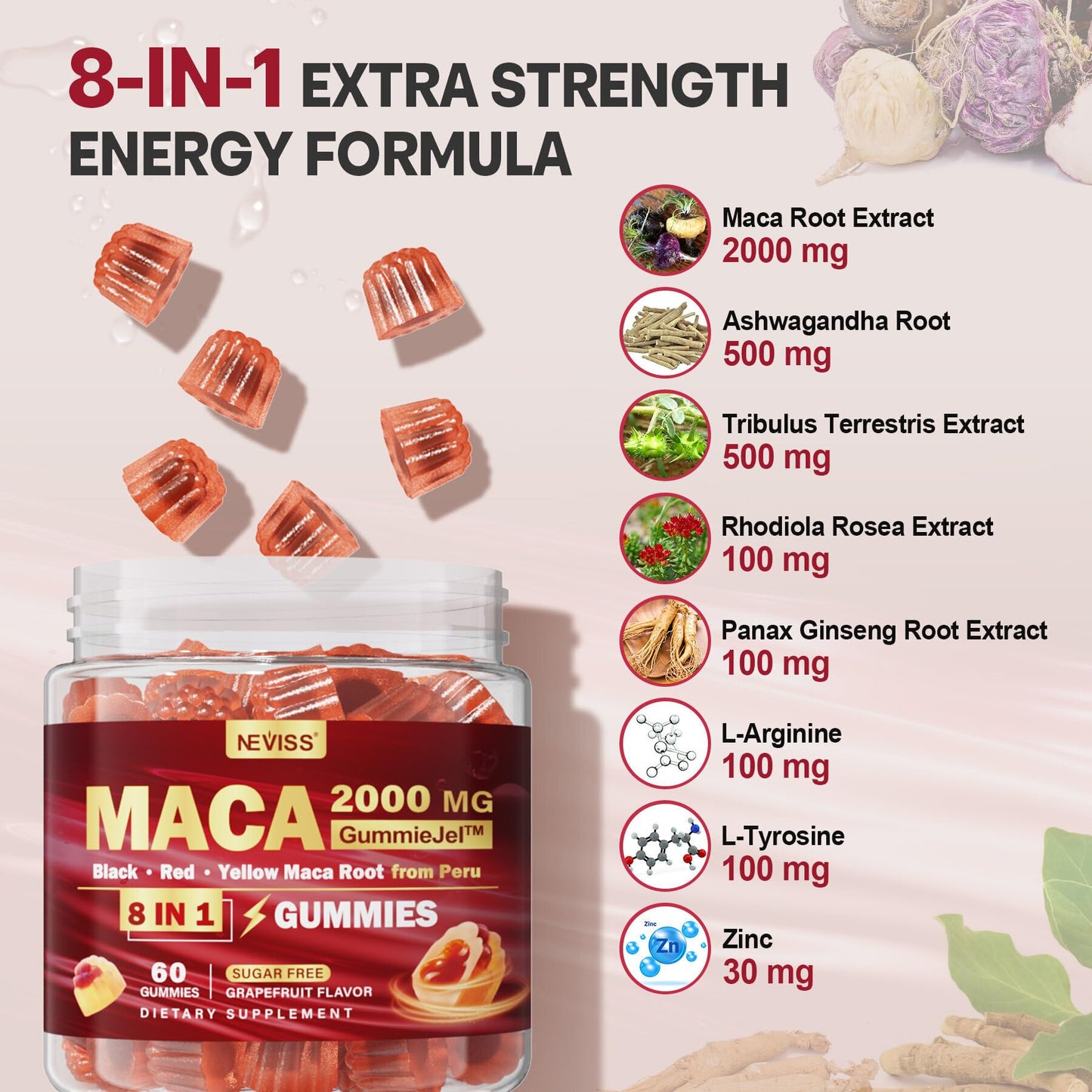 Frasco NEVISS goma raíz maca y suplementos inositol de alta calidad