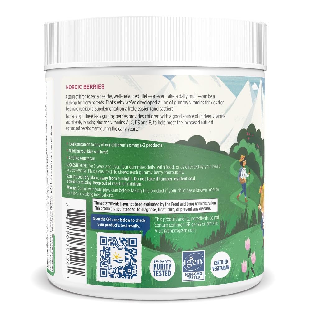 Frasco Nordic Berries con montañas ilustrativas y dos niños en el envase