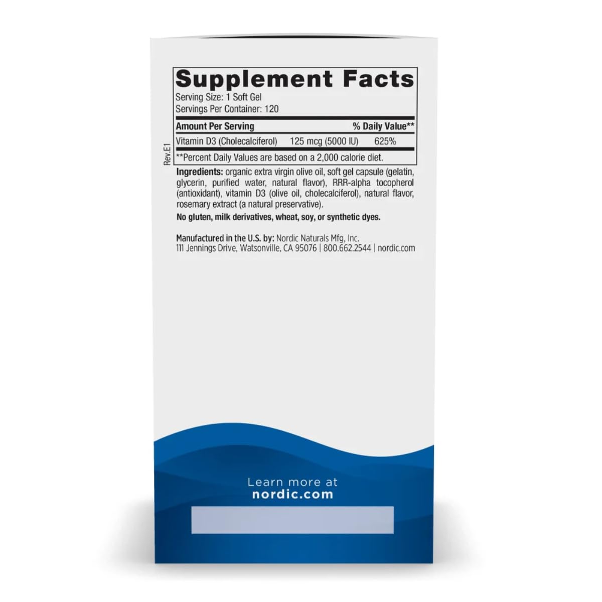 Frasco Nordic Naturals Vitamina D3 5000 sabor naranja vista lateral