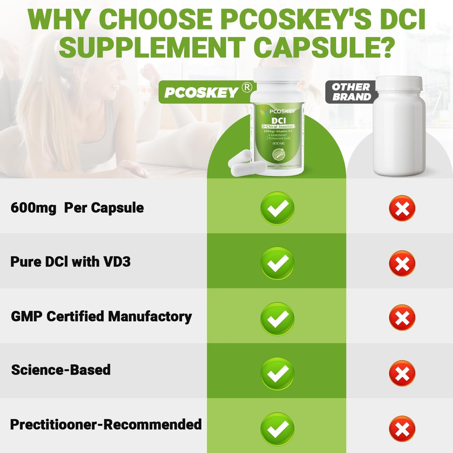 Frasco de pcoskey D-Chiral-Inositol 600mg con vitamina D3 para mujeres