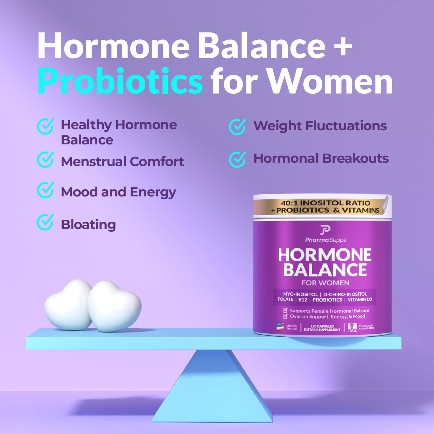Frasco PharmaSupps 120 cápsulas para equilibrio hormonal femenino