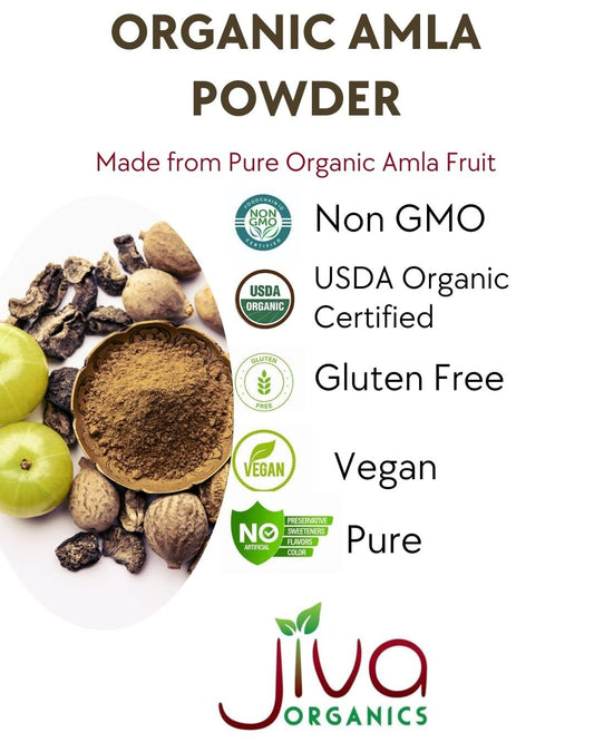 Frasco de polvo de amla natural Jiva Organics sin gluten