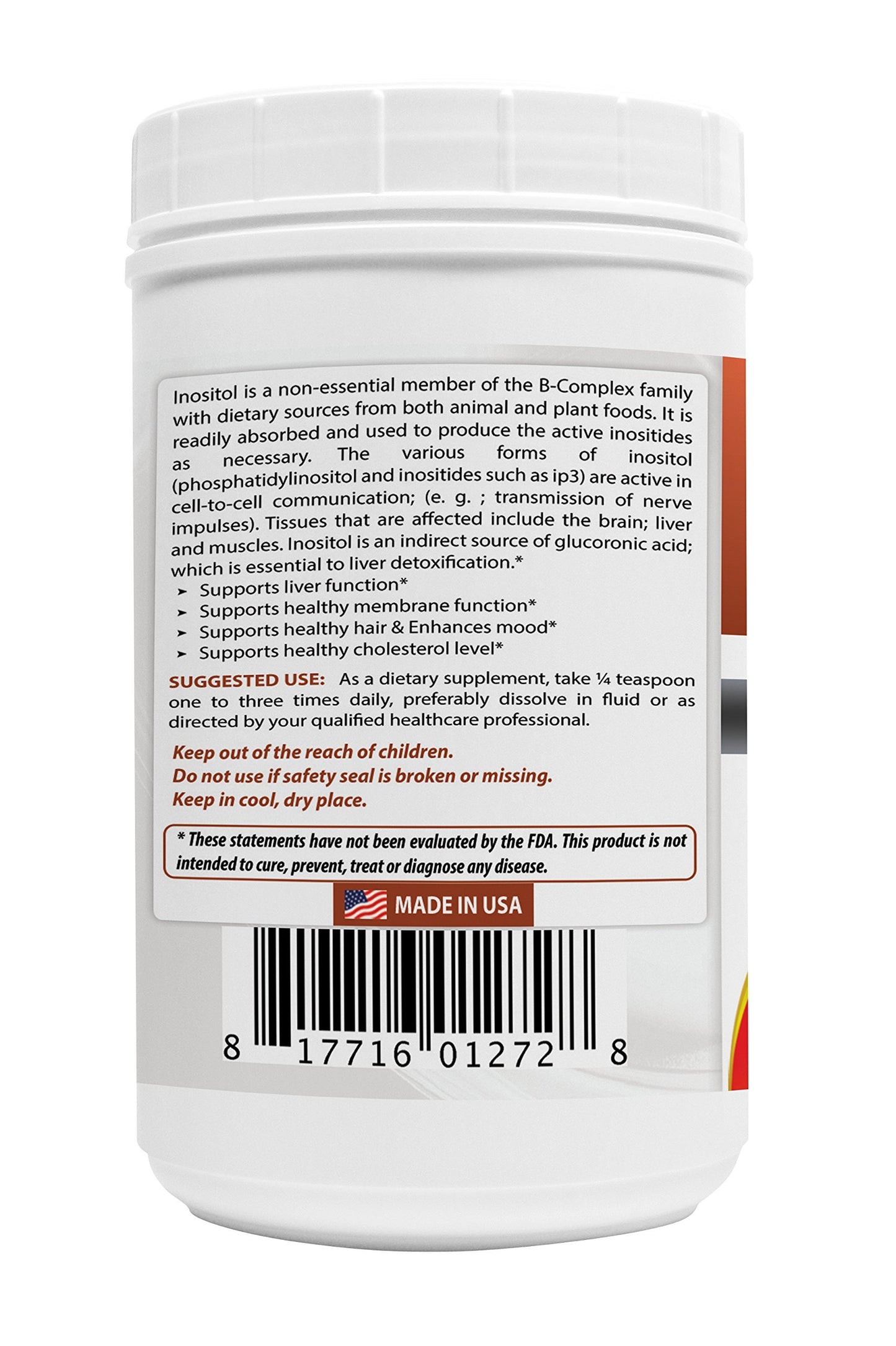Frasco de polvo de inositol Best Naturals para función celular y hepática