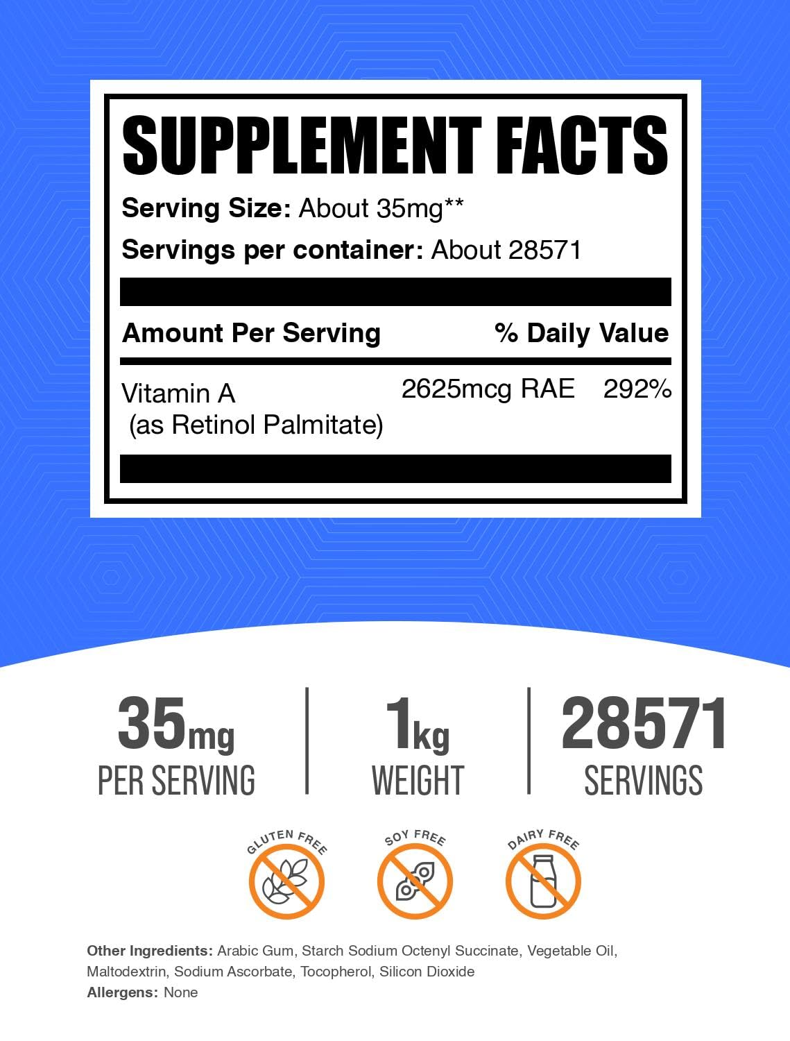 Frasco polvo palmitato vitamina A BulkSupplements 35mg por dosis