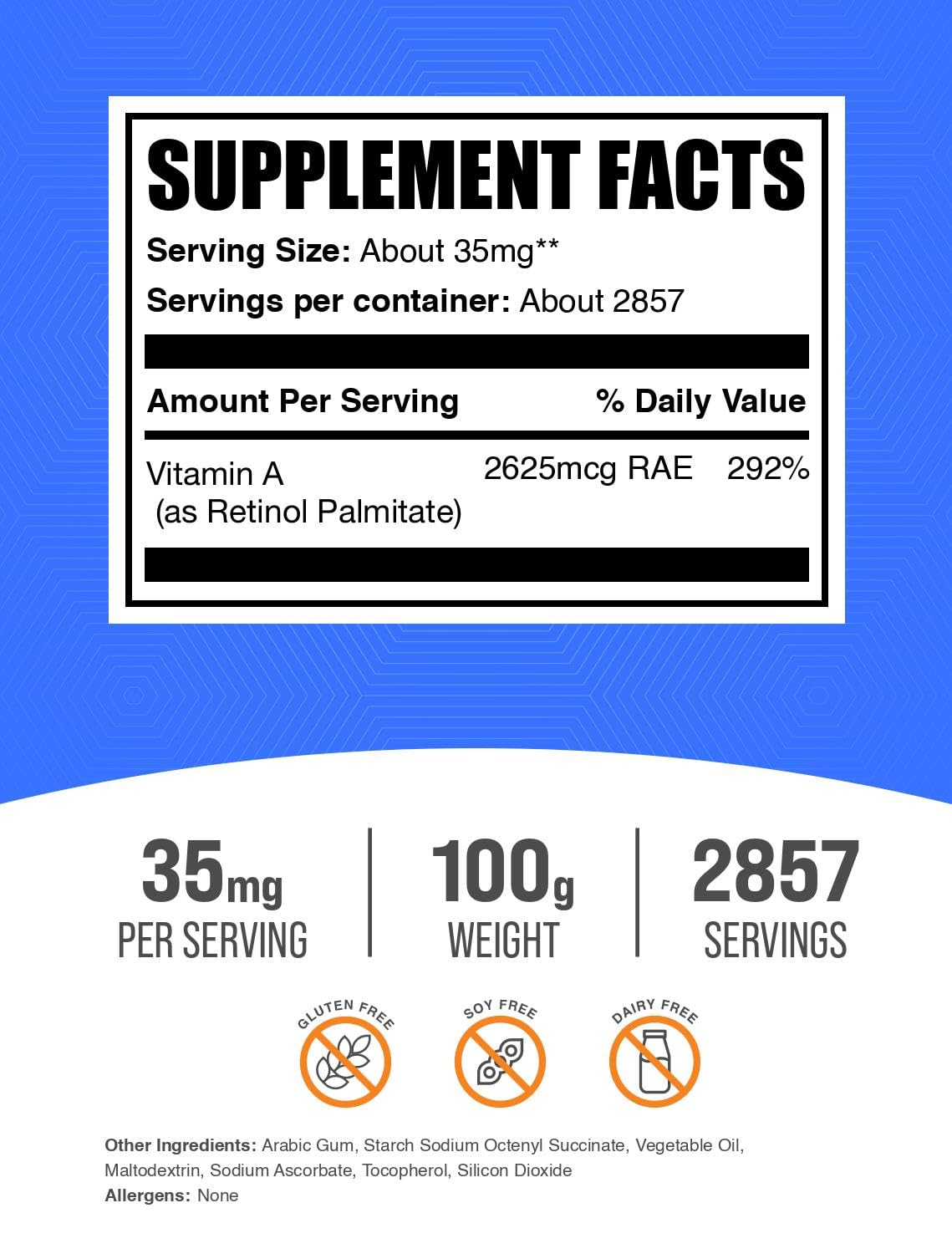 Frasco polvo vitamina A palmitato BulkSupplements 35mg por porción