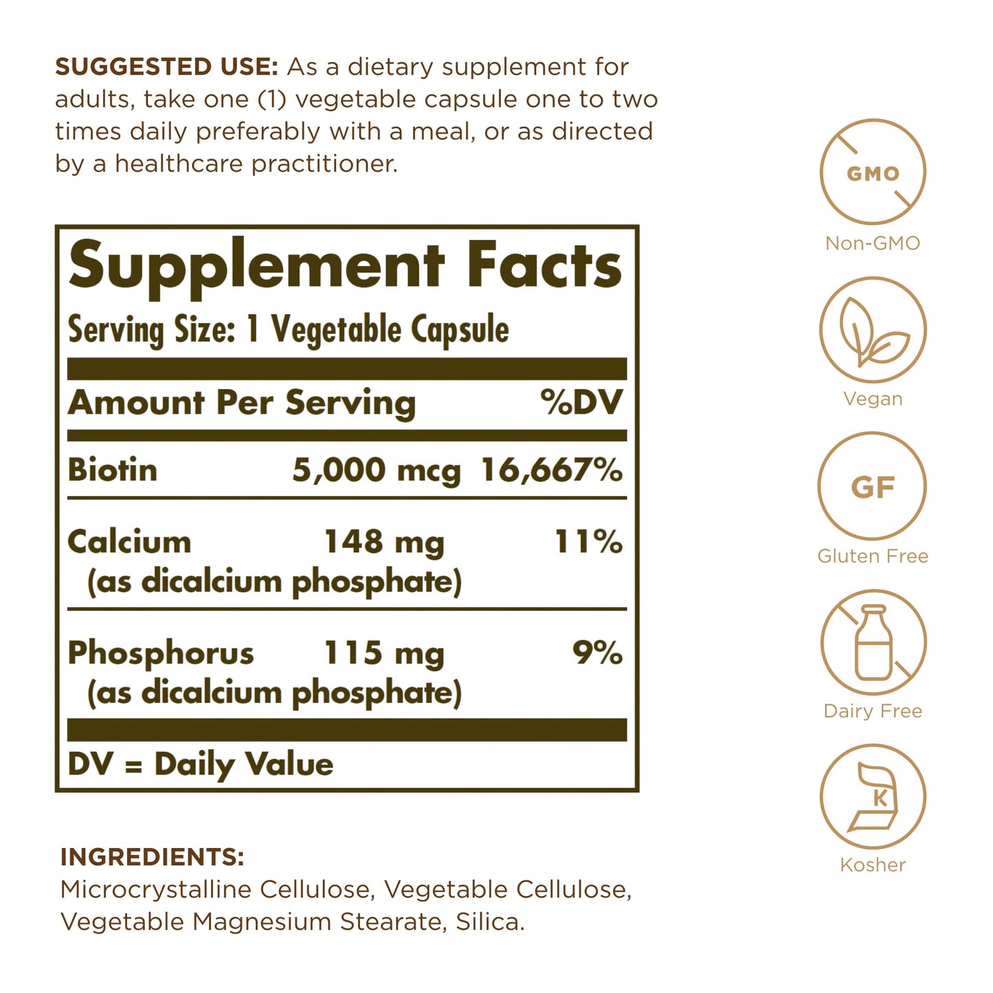 Frasco de SOLGAR Biotina 5000 mcg 100 cápsulas vegetales