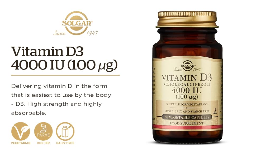 Frasco de Solgar Vitamina D3 en un mostrador